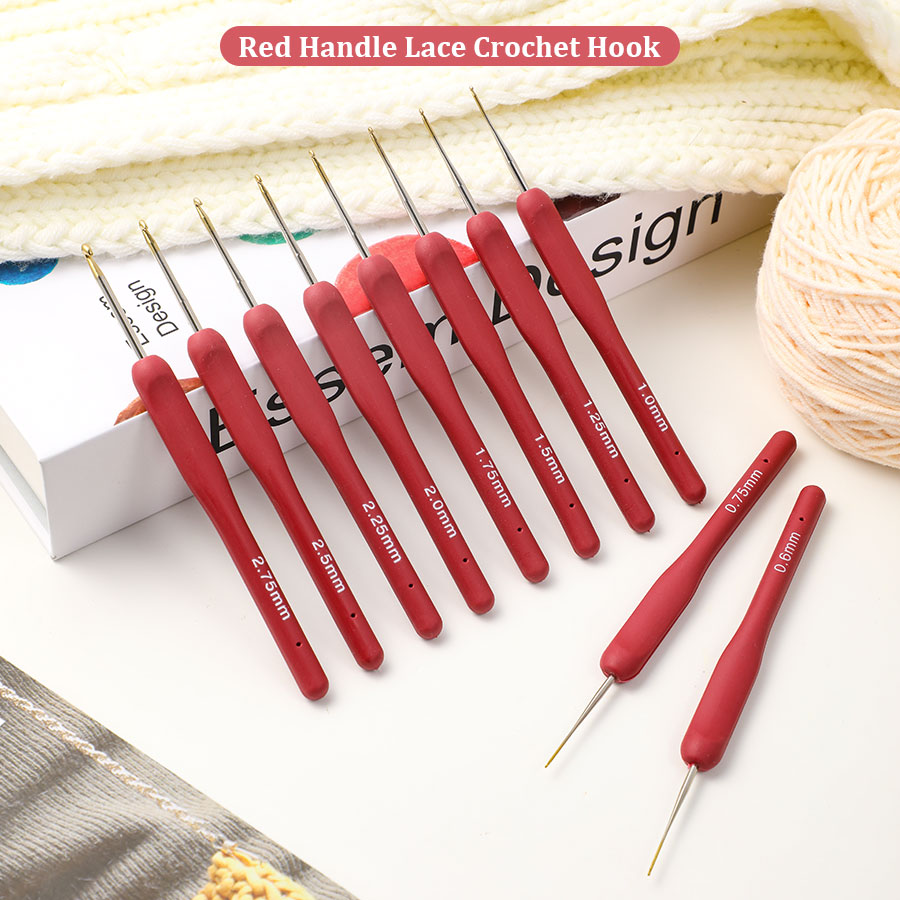 Crochet Hook Set - Zestaw 10 szt. czerwonych szydełek z